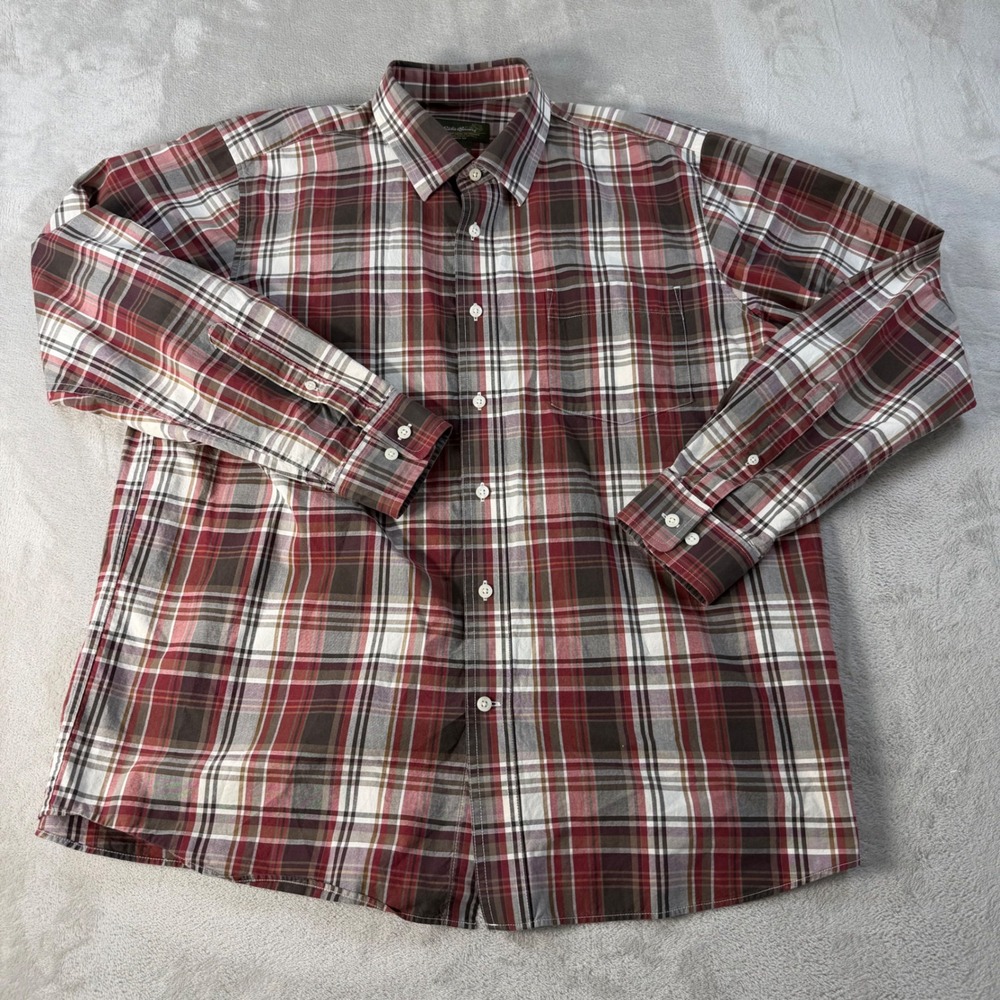 Eddie Bauer Plaid Button Down Shirt Mens Large Red Brown Cotton Outdoor Casual